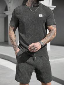 Manfinity CasualCool 男士休闲字母印花T恤短裤套装，夏季 - 深灰色 - 查看 5