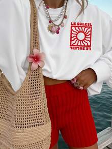 DrmWander 女士圆领字母印花休闲百搭长袖卫衣，适合秋冬季日常穿着 - 白色 - 查看 2