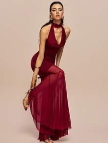 Olia Maree Women's Elegant Burgundy Summer Deep V Ruched Bodycon Dress,Patchwork Sheer Mesh Flared Skirt Long Formal Dining Party Evening Gown - Burgundy - View 6