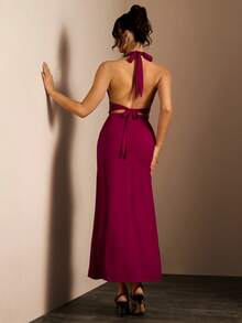 Glamine 酒红色露背吊带性感V领高开衩修身无袖不对称长裙，尽显优雅气质，适合舞会、锐舞派对、街头风、演唱会、夜店、约会、生日派对、婚礼等各种场合。 - 酒紅色 - 查看 2