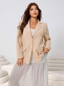 SHEIN EZwear Plus Size Versatile Loose Fit Cotton Blend Blazer,Beige Summer Smart Casual Formal Jacket For Weddings,Parties,Graduations,Streetwear,Apricot Color - Apricot - View 4