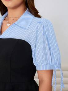 Solflare 春夏新款休闲条纹领花瓣袖拼接黑色针织短裙，腰部喇叭下摆，百搭实用，适合日常、派对、音乐节、返校、度假、通勤、婚礼、街头风、居家、观光等场合，尺码齐全。 - 彩色 - 查看 7