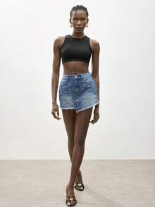 Maija 女士夏季时尚串珠流苏牛仔迷你裙 - 中等水洗藍 - 查看 6