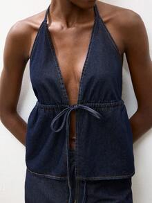 Maija Áo kiểu denim hở lưng cổ yếm gợi cảm dành cho nữ mùa hè - Rửa tối - Xem 6