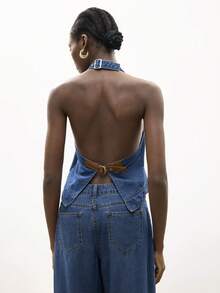 Maija 女士可调节露背吊带牛仔短款上衣，夏季 - 藍色 - 查看 3