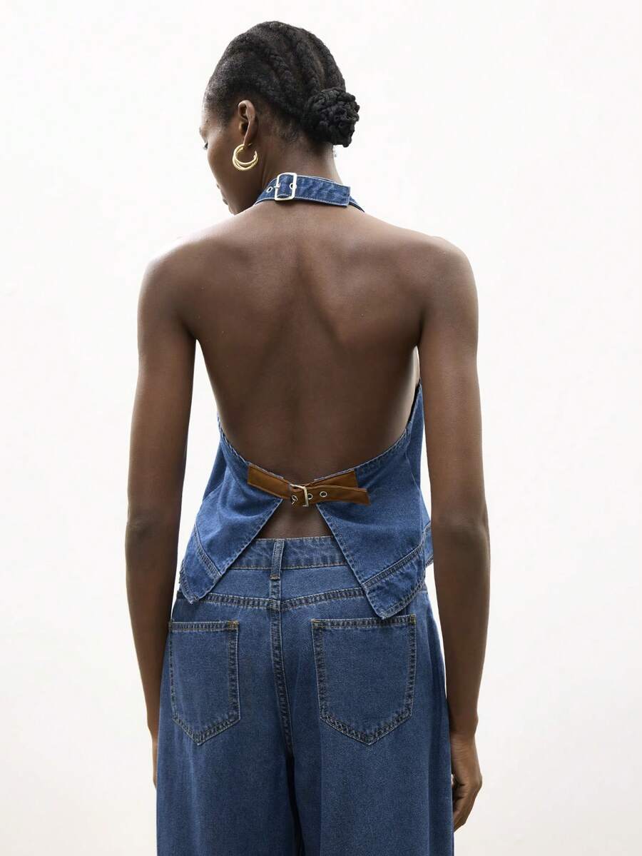 Maija Women's Adjustable Backless Halter Neck Denim Crop Top, Summer - Blue - View 1