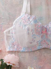 FloralLove 花卉刺绣交叉肩带3/4罩杯钢圈聚拢可爱浪漫夜店度假文胸及无钢圈文胸，大码 - 白色 - 查看 5