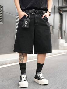 Manfinity EMRG Quần short denim đen nam kiểu dáng đường phố, thêu họa tiết, có khóa kéo. - màu đen - Xem 5