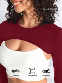 SHEIN Cheerettes 女士简约纯色弹力拇指孔超短运动T恤，夏季 - 紅色 - 查看 4