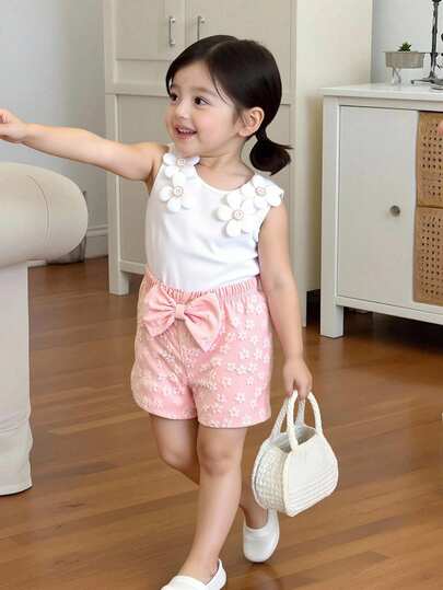 SHEIN 2pcs/Set Cute & Stylish Baby Girls Sleeveless Top With 3D Floral Decor And Matching Butterfly Floral Print Pink Shorts, Comfortable Summer Casual Outfit Toddler Girls Clothes 2 Pcs Elegant Baby Summer Outfit White And Pink Outfit For Baby Girls Baby Girl Casual 2pc Baby Girl 2 Piece Summer Sets New Ss26 Fashion  Summer