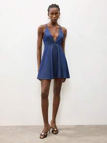 Maija Đầm denim nữ kiểu dáng thường ngày, cổ chữ V khoét sâu, hở lưng, thích hợp cho mùa hè. - Rửa trung bình - Xem 7