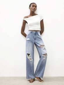 Maija Jeans rectos de mujer con lavado desgastado y efecto desgastado - Azul - Ver 2