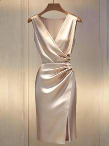 Franclia Elegant Romantic Crossover Deep V-Neck Ruffle Trim Faux Button Narrow Shoulder Asymmetric Hem Fitted Sheath Dress For Office Wear - Apricot - View 3