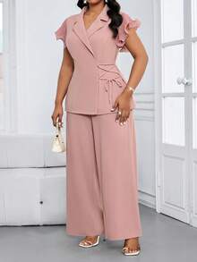 SHEIN Lady CURVE Bộ đồ nữ cỡ lớn màu trơn cổ ve lật thắt eo và quần ống rộng kiểu dáng thường ngày. - Hồng - Xem 5