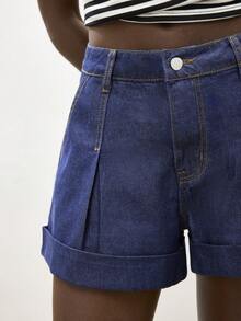 Maija 女士休闲褶皱牛仔短裤，夏季 - 深色水洗藍 - 查看 5