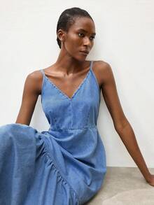 Maija 女士休闲系带露背吊带牛仔连衣裙，夏季 - 中等水洗藍 - 查看 2