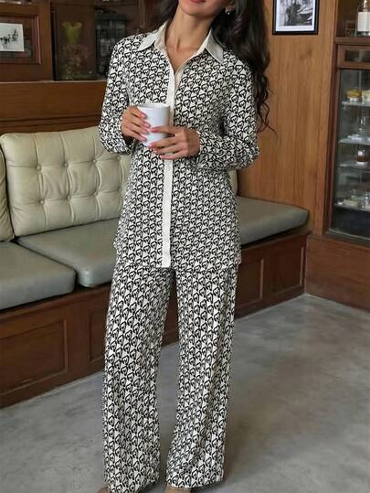 Modelyn 女士春夏梭织数码印花长袖开衫和直筒裤休闲通勤两件套