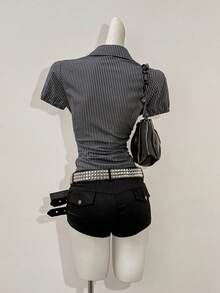 Jeanoix Women's Sexy Retro Striped Fabric Fitted Blouse - Black and White - View 2