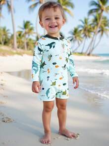 男婴连体长袖泳衣，沙滩防晒泳装 - 薄荷綠 - 查看 7