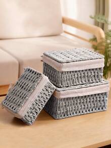 Bộ 3/2/1 giỏ đan để bàn có nắp đậy, dùng để đựng mỹ phẩm, chìa khóa, đồ ăn nhẹ, thích hợp cho phòng khách, hành lang, trang trí nhà cửa, hộp đựng đồ thủ công, giỏ quà cưới, thích hợp cho mùa tựu trường. - Nhiều màu - Xem 2