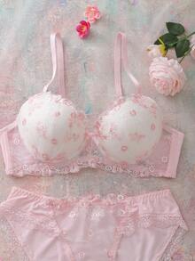 Conjunto de lencería con sujetador balconette acolchado con aros bordado con flores y babydoll lindo, fresco y romántico - Rosa - Ver 4