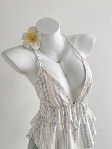 Elamini 女士印花褶皱性感百搭露背上衣 - 彩色 - 查看 1