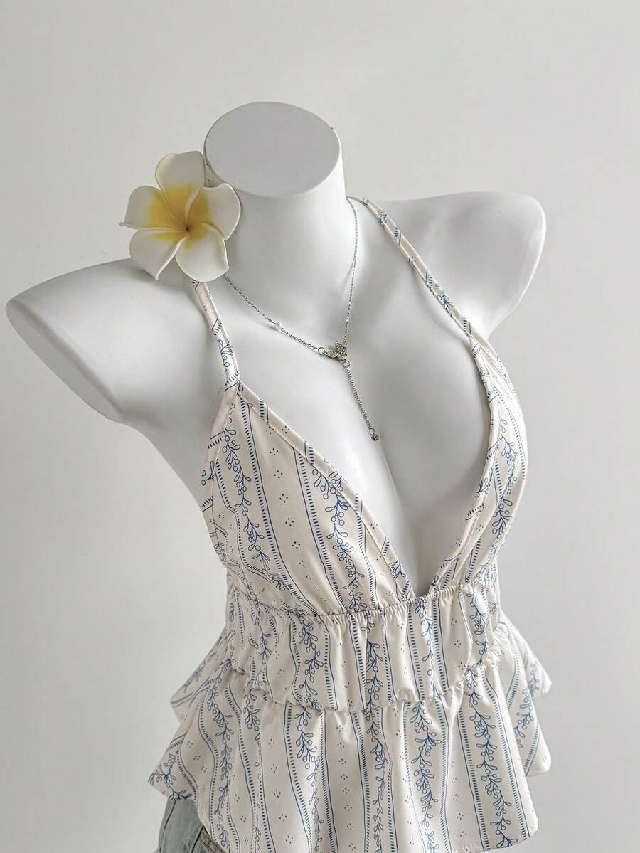 Elamini 女士印花褶皱性感百搭露背上衣 - 彩色 - 查看 1