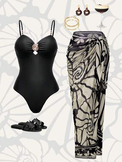 Swim Oasis Women's 2-Piece Metal Spiral Decor Hollow Black Swimsuit With Spiral Shell Print Beach Cover-Up, Suitable For Summer Casual Vacation One-Piece Swimsuit Set