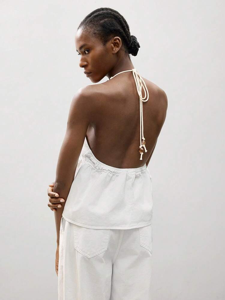 SHEIN Maija Women's Casual Backless Halter Neck Denim Blouse