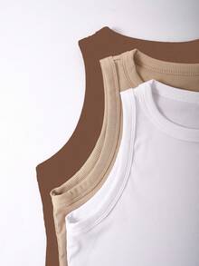 EMERY ROSE Women's Solid Color Ribbed Crew Neck Casual Tank Top, Summer - Brown - View 5