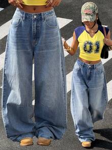 StreetHx Jeans casuales de corte holgado para mujer con presillas para cinturón - Azul - Ver 1