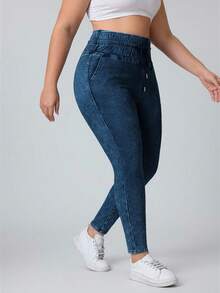 Flexra Plus Size Solid Color Drawstring Waist Elastic Slant Pocket Skinny Jeans - Dark Wash - View 3