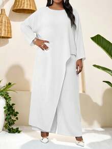SHEIN Lady 大码纯色圆领不对称下摆长袖上衣和阔腿裤两件套 - 白色 - 查看 3