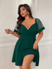 Femmeverse Đầm chữ A phối lưới mới dành cho nữ cỡ lớn, tôn dáng và thanh lịch. - Màu xanh lá cây đậm - Xem 5