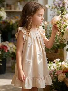 SHEIN Young Girl Woven Round Neck Ruffle Hem Casual Dress Boho Flower White Summer Party Apricot Tan Neutral Nude Beige Dress For Girls - Beige - View 3