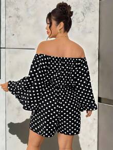 Easura Bộ jumpsuit nữ cỡ lớn với tay áo loe rộng, viền bèo nhún trễ vai, thiết kế buộc dây. Chất liệu vải chấm bi nhẹ, thoải mái, thích hợp cho kỳ nghỉ, bãi biển, dạo phố, tiệc tùng, trà chiều. Màu đen chấm bi trắng. - Đen và trắng - Xem 2