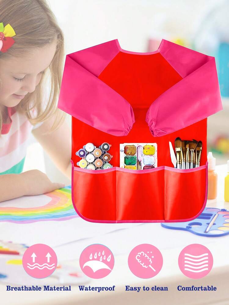 防水绘画围裙 M 码 防磨损长袖绘画服 绘画餐巾 美术用品 圣诞礼物 复活节礼物 - 玫紅色 - 查看 5