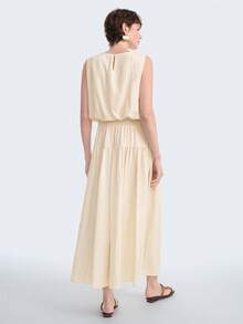 Aalyst Women's Spring/Summer Tencel & Linen French Elegant Dress, Suitable For Office, Commute, Casual, Vacation, Afternoon Tea, Beach, Romantic, High-End Round Neck, Waist Cinched, Backless, Sleeveless, Maxi A-Line - Apricot - View 7