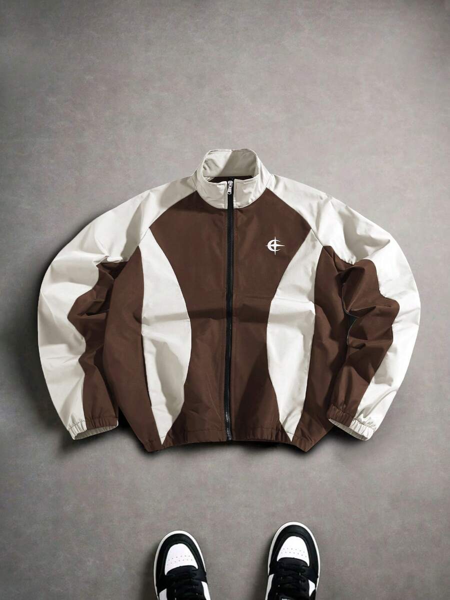 Manfinity EMRG Men's Graphic Print Sports Jacket,Brown And White,Autumn,Streetwear,City Break,Back-To-School Stand Collar Zip-Up Patchwork Racing Jacket For Casual - Coffee Brown - View 1