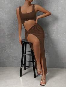 Chiquease 棕色性感镂空扭结前开衩大腿长裙，适合舞会、锐舞派对、街头风、演唱会、夜店、约会、生日派对、婚礼、毕业季、度假风、休闲等场合。 - 棕色 - 查看 3