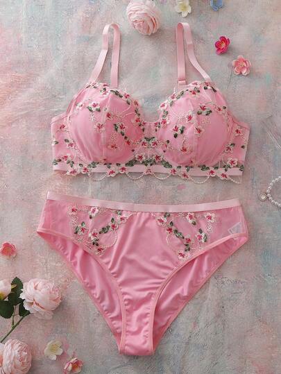 2 piezas Conjunto de sujetador con aros y pantie bordado con flores, estampado floral romántico, balconette cómodo, talla grande