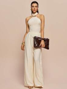 Olia Maree Apricot Textured Halter Neck Metallic Rhinestone Decor Blouse & Flowy Wide Leg Pants 2 Pieces Set Cream Summer Elegant Vacation Holiday - Apricot - View 1