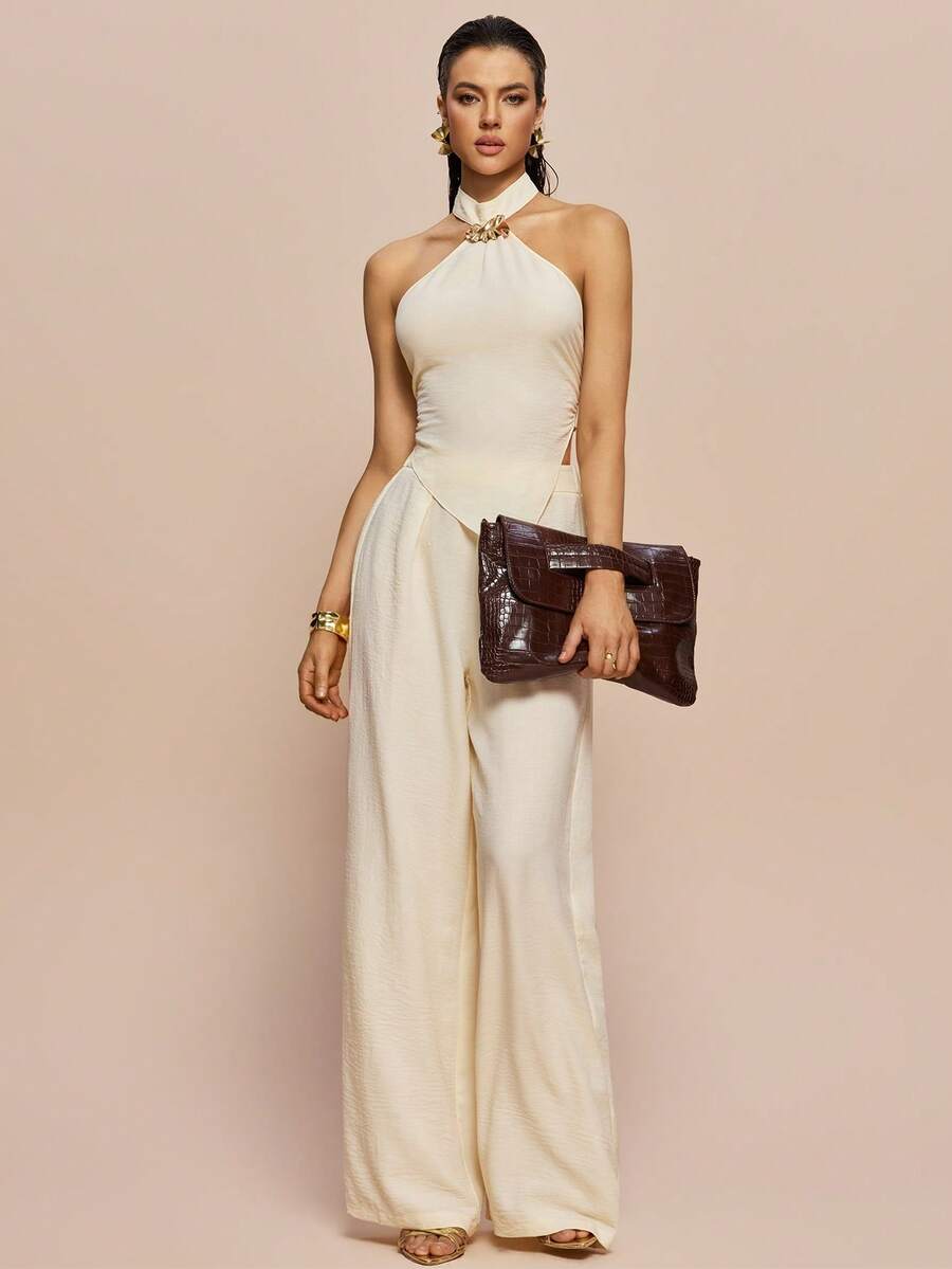 Olia Maree Apricot Textured Halter Neck Metallic Rhinestone Decor Blouse & Flowy Wide Leg Pants 2 Pieces Set Cream Summer Elegant Vacation Holiday - Apricot - View 1