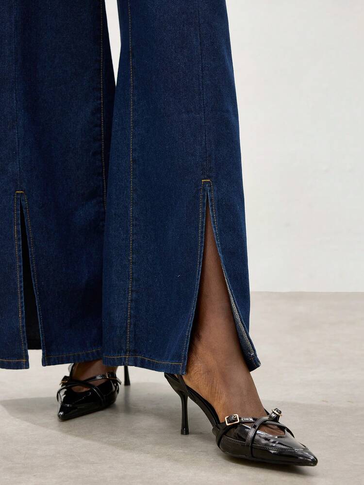 SHEIN Maija Elegant Women's Jeans, Mid-Rise A-Line Style, Split-Hem Pants, Perfect For Summer Work Attire, Includes Pockets.