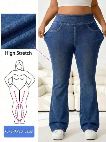 Solflare Plus Size Women Elastic Waist Casual Versatile Flare Leg Jeans Spring To Summer Valentine's Day Carnival Costume Commuting Vacation Graduation Chic Y2k Cute Streetwear Party Wedding Elegant Business Casual Woman Comfortable Plus Size High Waist Bell Bottom Flared Jeans With Stretchy Denim