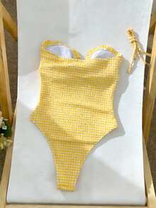 Swim Mod 女士春夏沙滩连衣裙，时尚可爱，适合度假/派对/游艇穿着，特殊面料格子荷叶边吊带连体连衣裙 - 彩色 - 查看 2