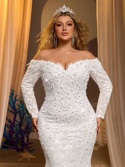 Glamrae 大码优雅奢华珍珠泡泡弹力蕾丝透视袖美人鱼长裙，带拖尾，适合婚礼、派对、度假、舞会、节日等场合。