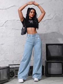 SHEIN EZwear 女士休闲水洗做旧直筒牛仔裤 - 中等水洗藍 - 查看 3