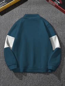 Manfinity Campus Court Men's Casual Contrast Color Patchwork Letter Print Fleece Sweatshirt, Autumn/Winter - Royal Blue - View 2