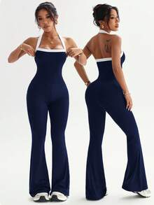 Dewbera 女士瑜伽户外健身连体裤，吊带撞色露背背心和紧身喇叭裤 - 藏蓝色 - 查看 1